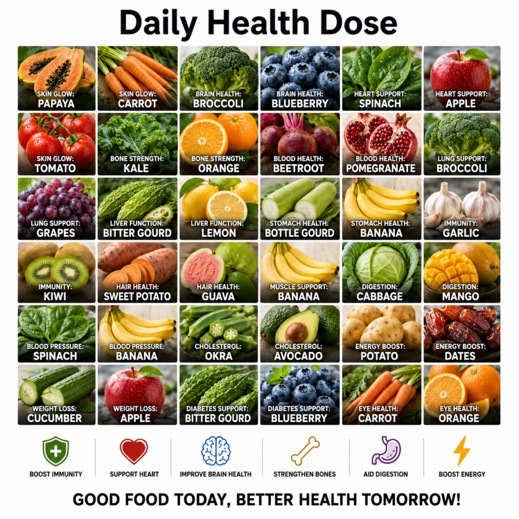 A grid-based infographic titled Daily Health Dose showing various fruits and vegetables each paired with a specific heal