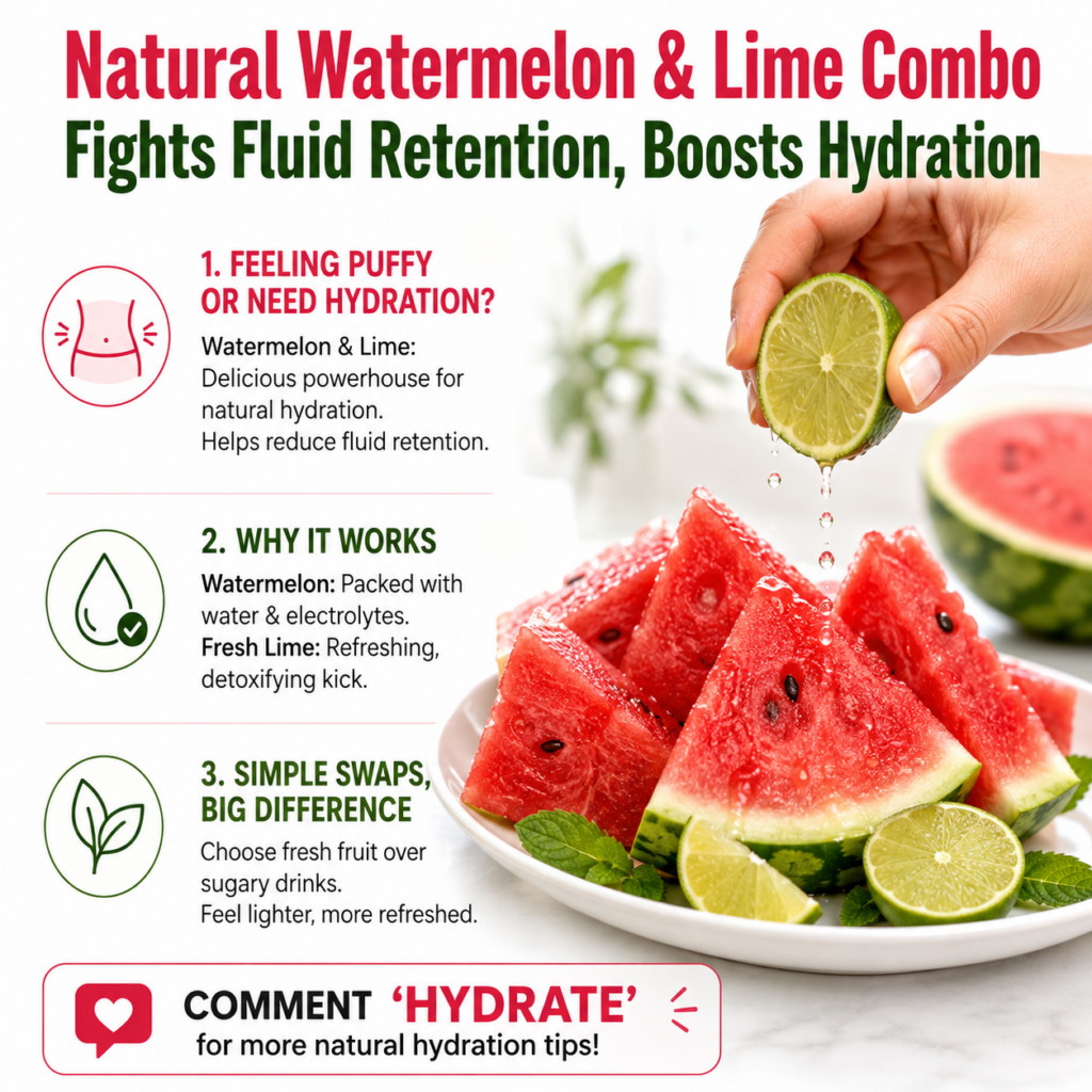 A vibrant and refreshing image of watermelon slices and lime wedges on a white plate with a hand squeezing fresh lime ju
