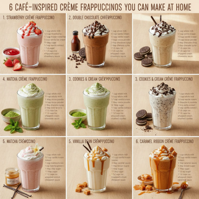 A vibrant grid layout of nine different homemade café-inspired crème frappuccinos in tall glasses with various toppings 