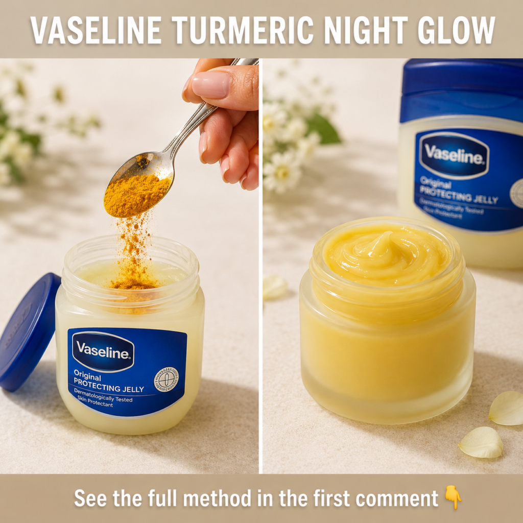 A two-panel image showing the preparation and final product of a Vaseline Turmeric Night Glow gel The left panel feature