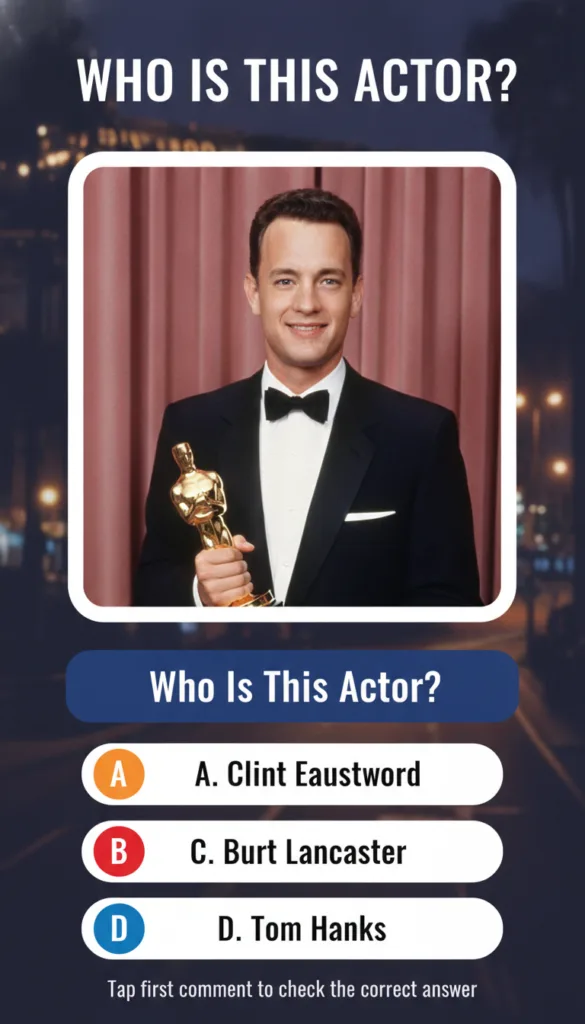Quiz image showing Tom Hanks holding an Oscar with quiz text WHO IS THIS ACTOR and options for Clint Eastwood C Burt Lan