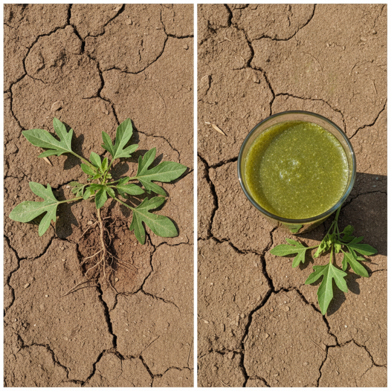 A diptych showing a green plant with exposed roots on dry cracked earth on the left and a clear glass of green blended l