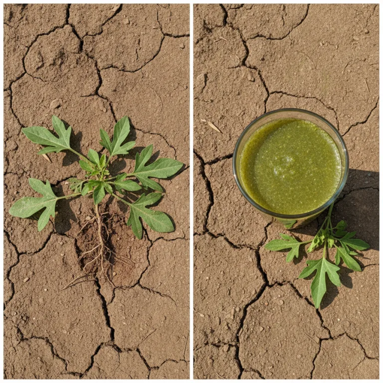 A diptych showing a green plant with exposed roots on dry cracked earth on the left and a clear glass of green blended l