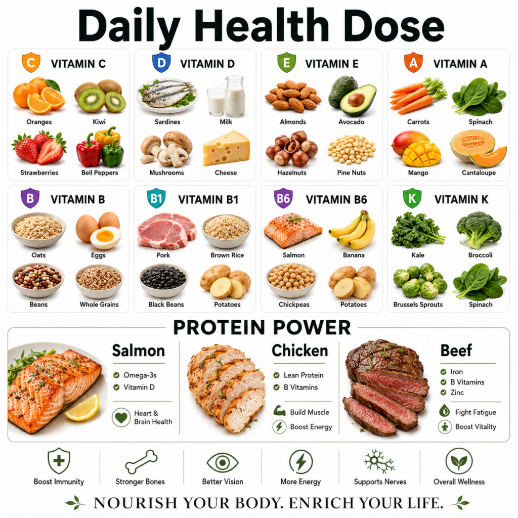 A comprehensive infographic showing various vitamins and their food sources on one side and benefits of salmon chicken a