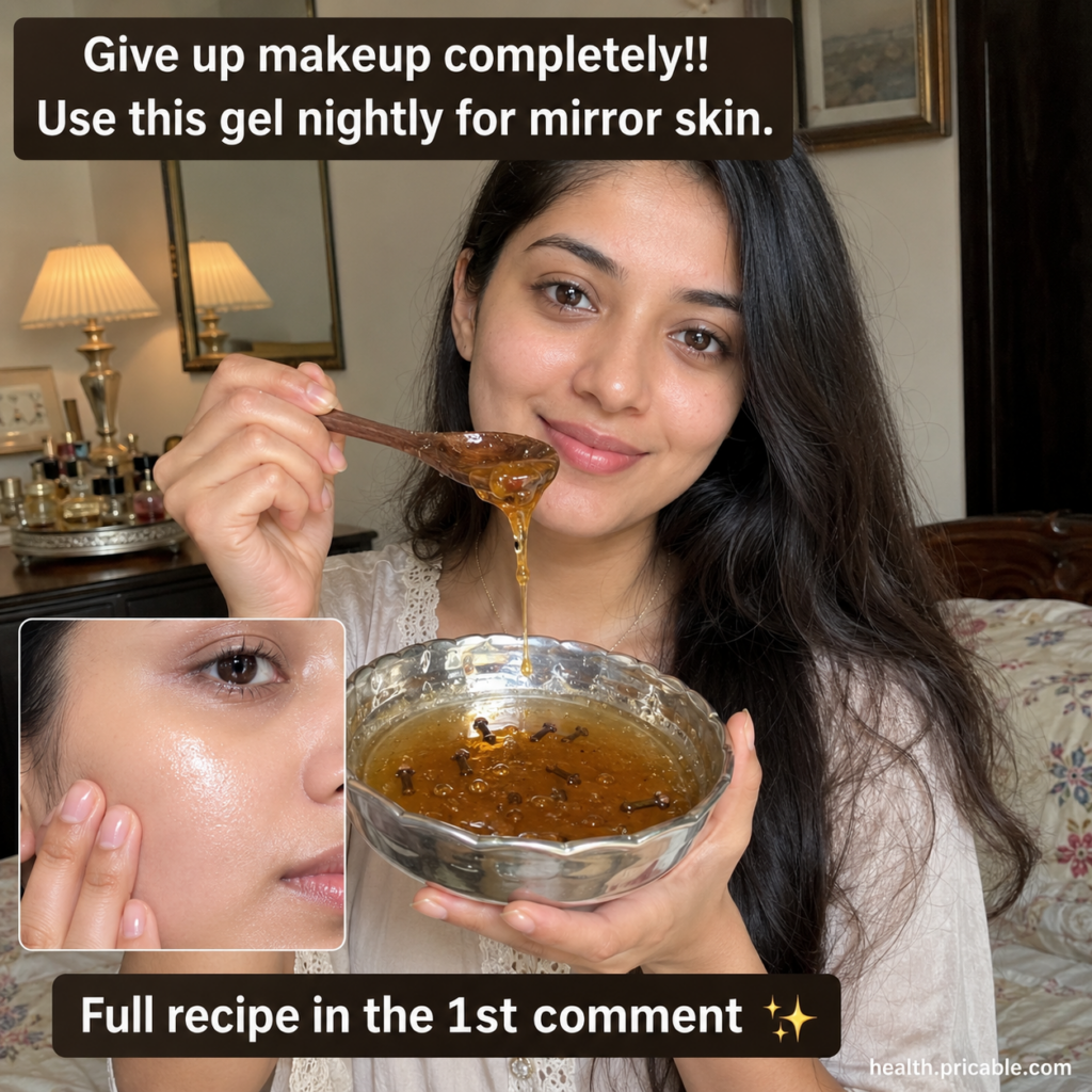 A woman with clear radiant skin holding a silver bowl filled with amber clove gel a wooden spoon dripping the gel with a