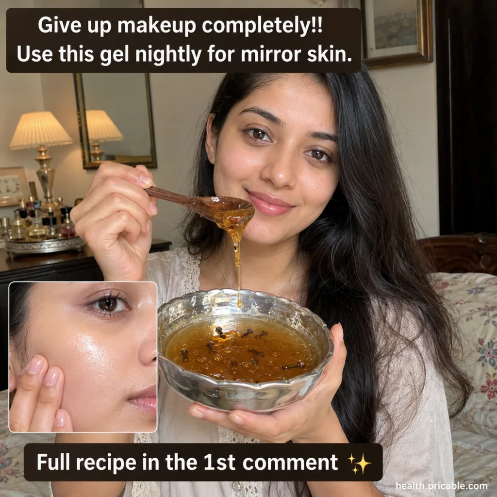 A woman with clear radiant skin holding a silver bowl filled with amber clove gel a wooden spoon dripping the gel with a