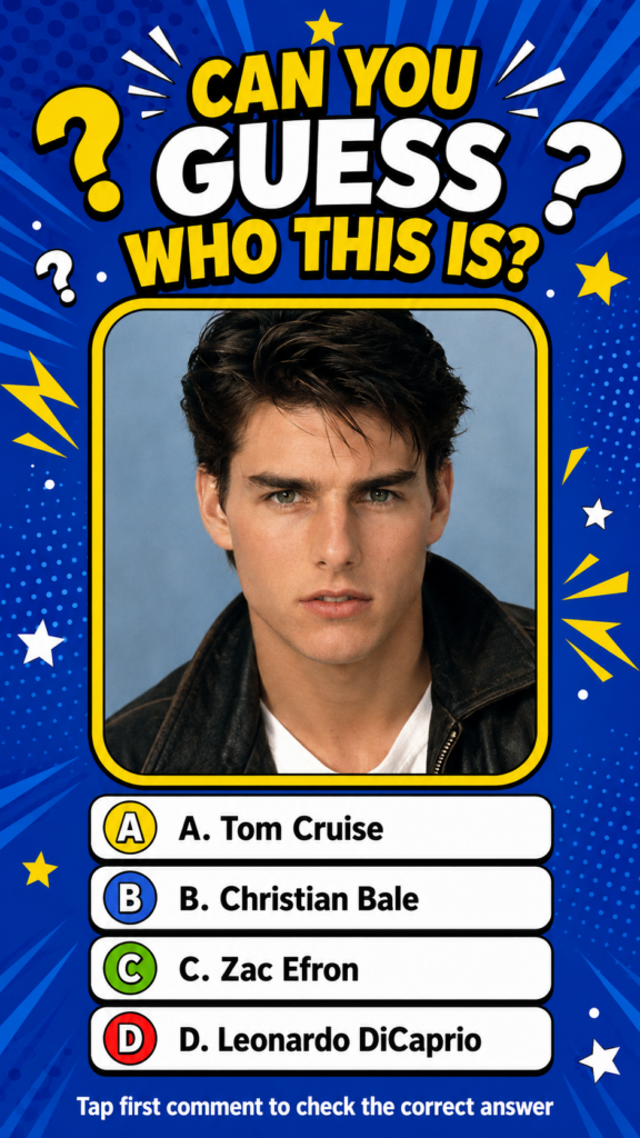 A retro-themed guess who quiz featuring a portrait of a young Tom Cruise against a vibrant royal blue halftone dot backg