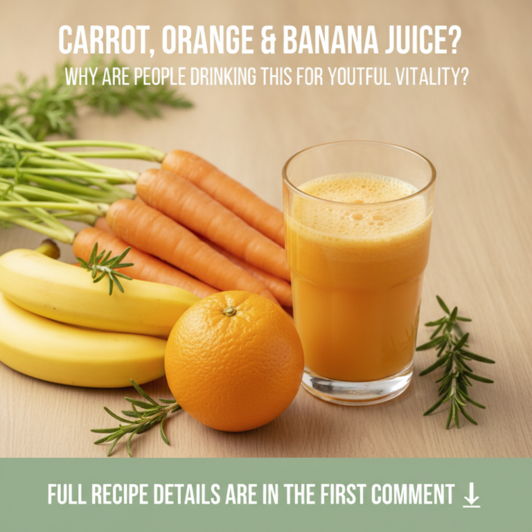 A clear glass of frothy orange juice surrounded by fresh carrots a ripe orange and two ripe bananas with sprigs of rosem