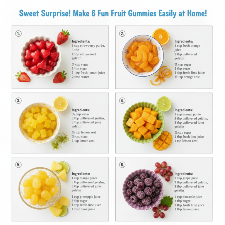 An overhead flat lay of six different fruit gummies in small bowls each with fresh fruit garnishes and a concise list of