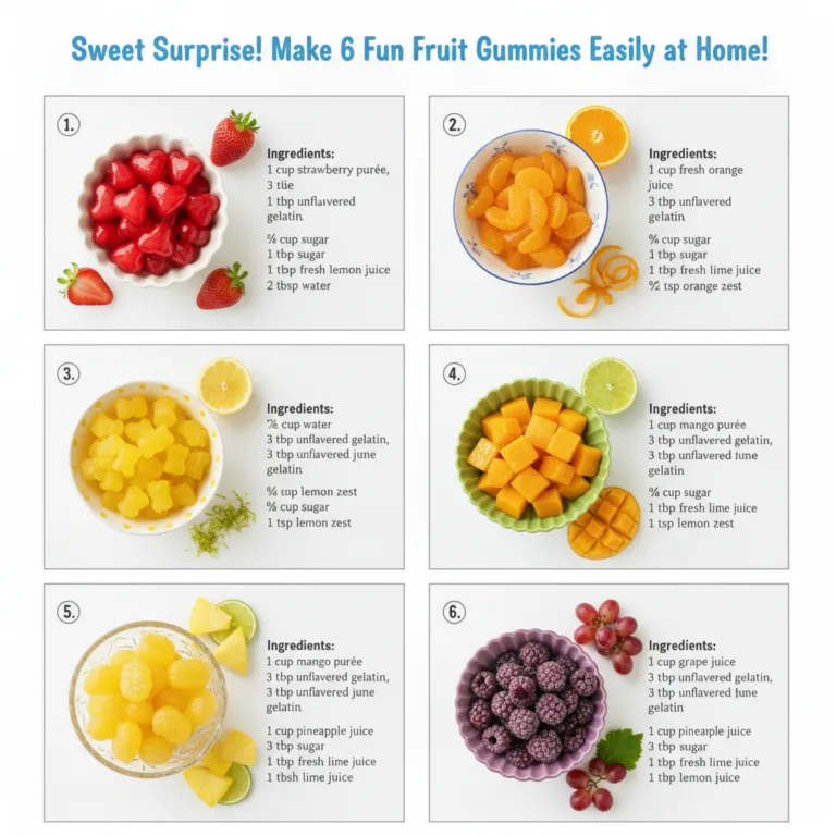 An overhead flat lay of six different fruit gummies in small bowls each with fresh fruit garnishes and a concise list of