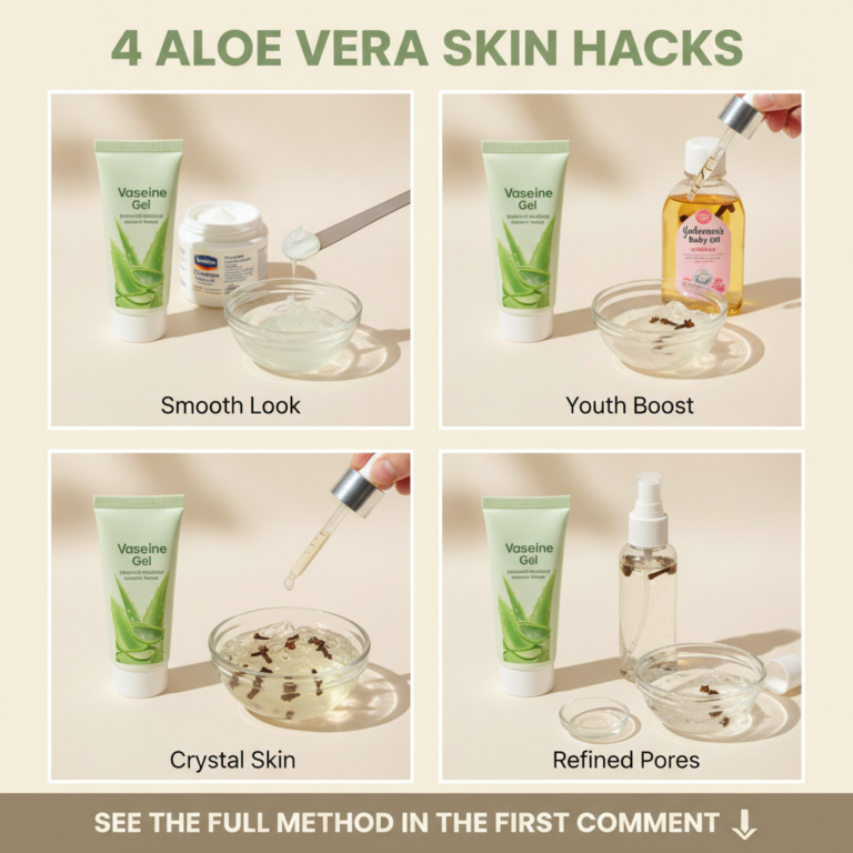 A clean well-lit grid composition showcasing 4 ALOE VERA SKIN HACKS Each of the four squares presents a different DIY sk