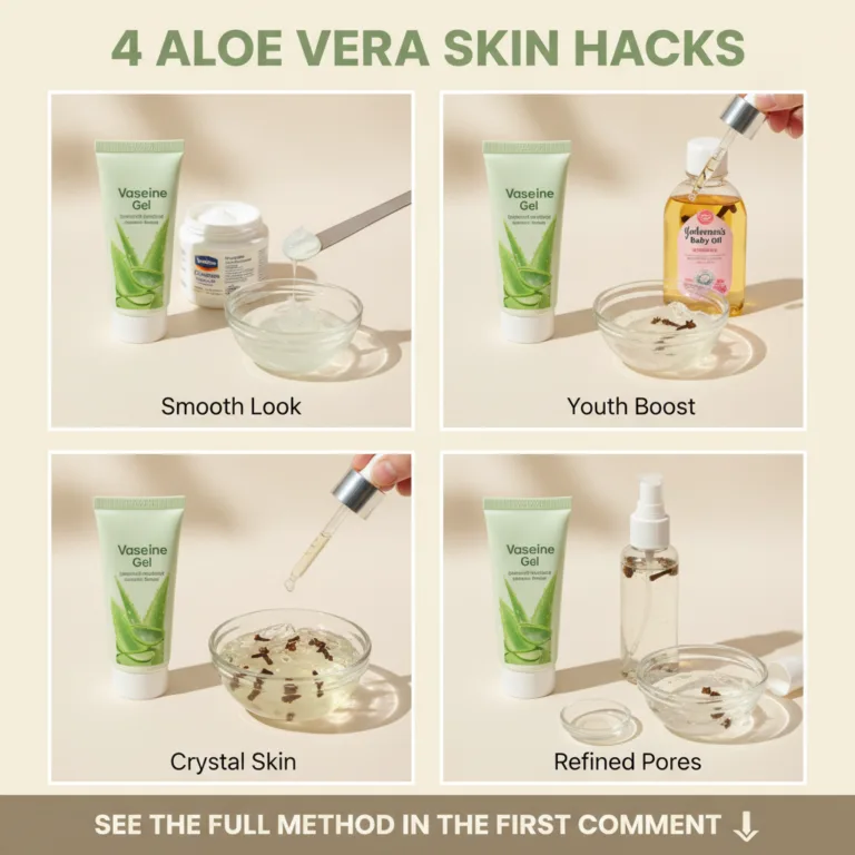 A clean well-lit grid composition showcasing 4 ALOE VERA SKIN HACKS Each of the four squares presents a different DIY sk