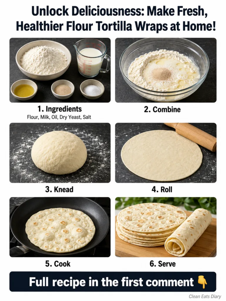A stack of freshly cooked homemade flour tortillas on a wooden board with one tortilla rolled up next to it garnished wi