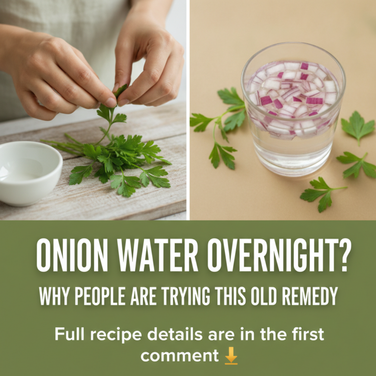 A split-panel image showing hands picking parsley chopped red onion in water with parsley and text ONION WATER OVERNIGHT