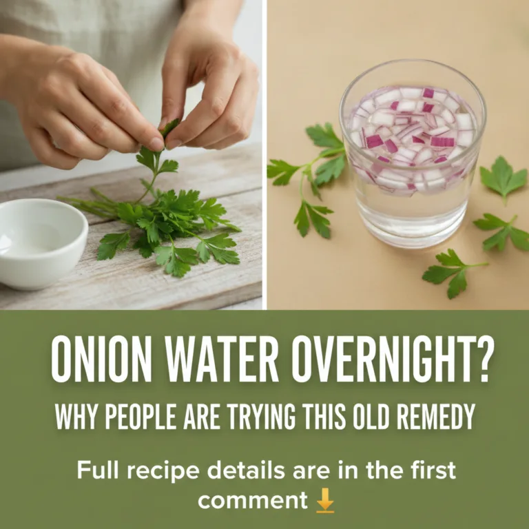 A split-panel image showing hands picking parsley chopped red onion in water with parsley and text ONION WATER OVERNIGHT