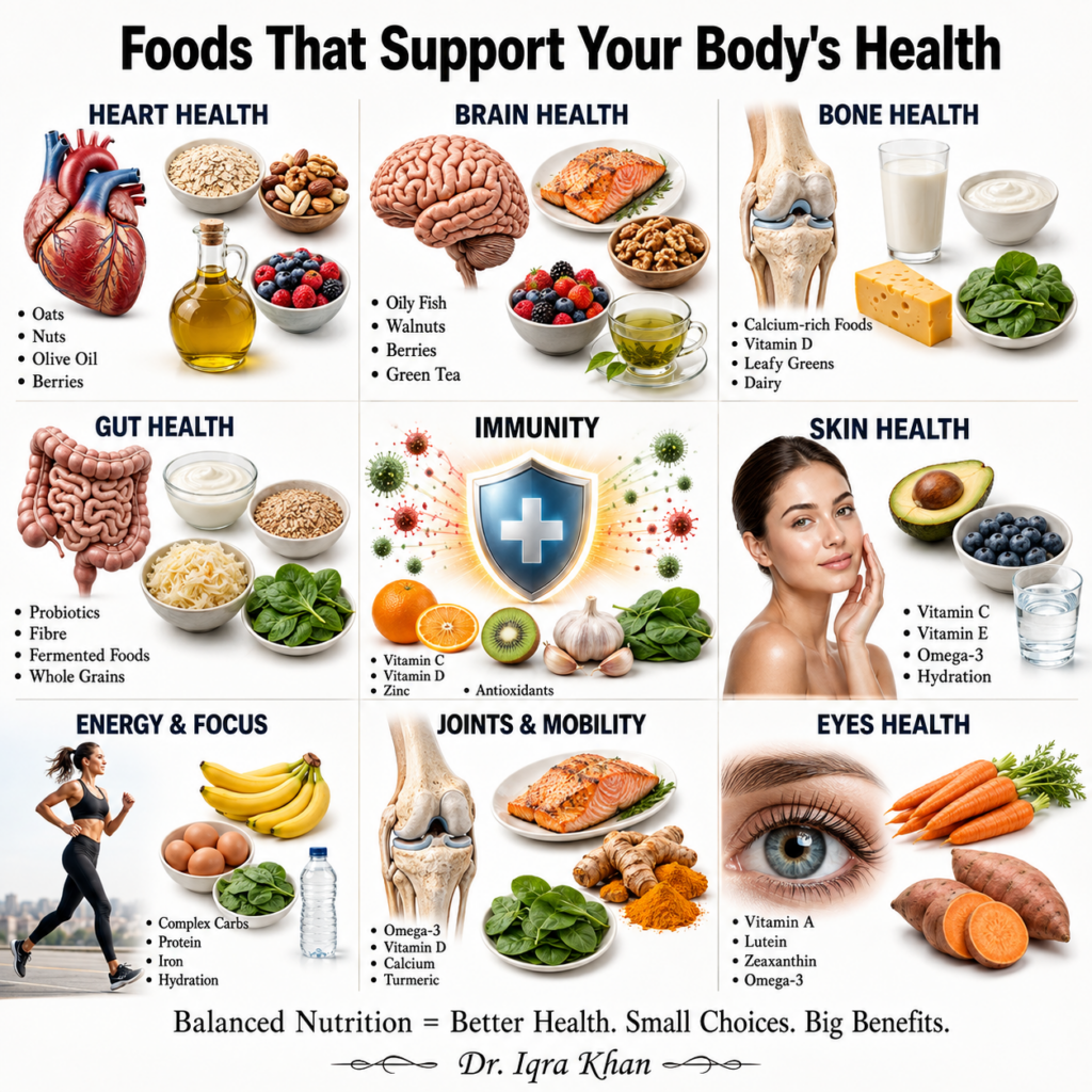 An infographic titled Foods That Support Your Body s Health featuring a 3x3 grid of nine health categories Heart Health