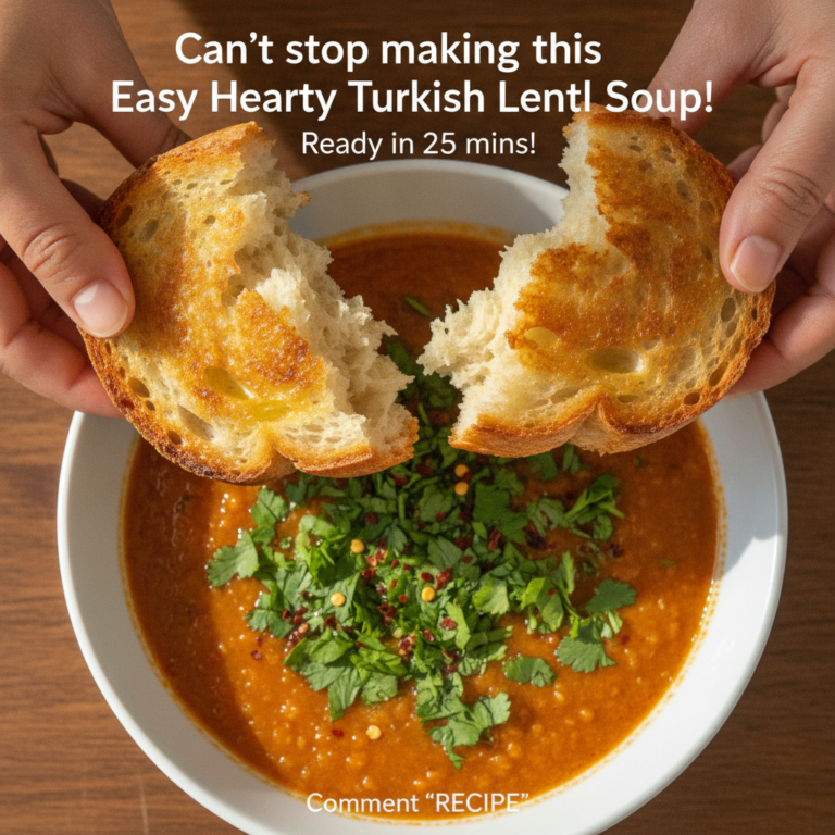A vibrant hearty bowl of reddish-orange Turkish lentil soup garnished with fresh green cilantro and red chili flakes Two