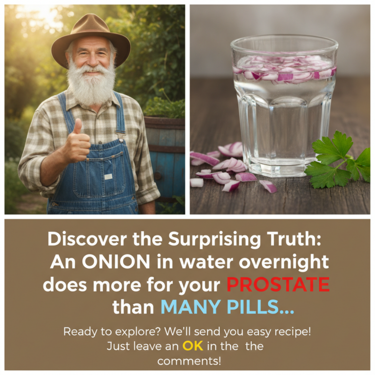 A folksy healthy older man giving a thumbs-up next to a glass of water with chopped red onion against a natural sunlit b