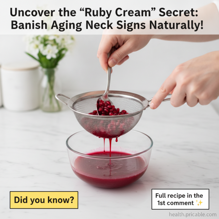 Hands pressing pomegranate seeds through a strainer to extract juice into a clear bowl on a marble countertop