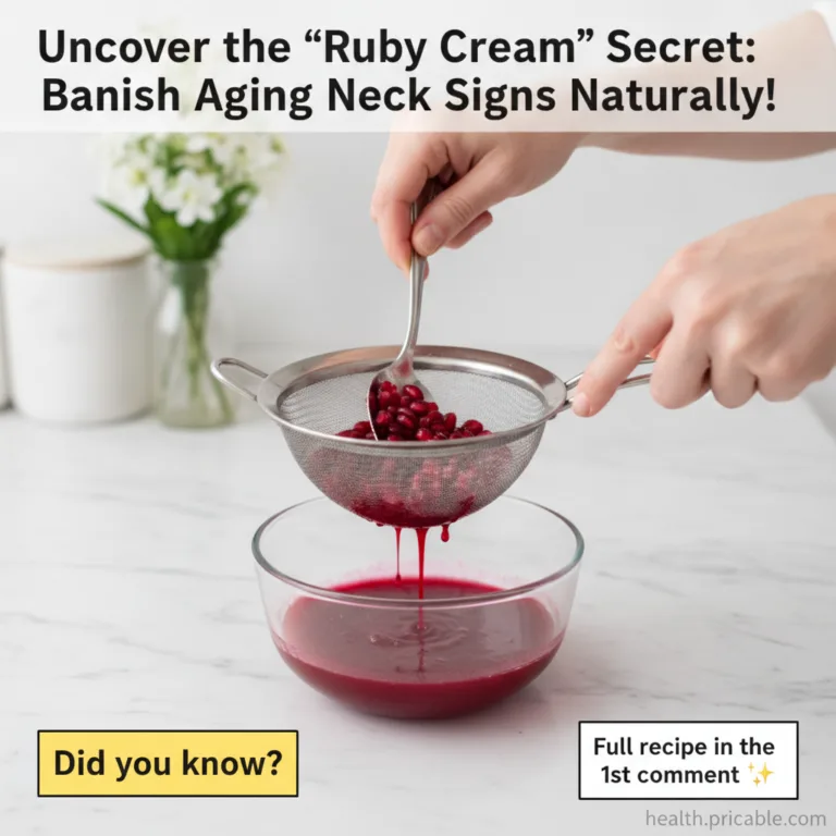Hands pressing pomegranate seeds through a strainer to extract juice into a clear bowl on a marble countertop