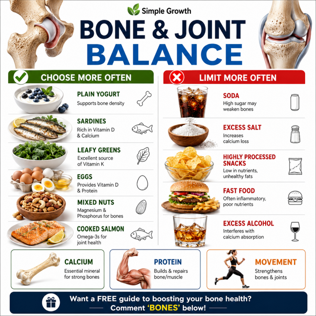 An infographic titled Bone Joint Balance showing a two-column layout with Choose More Often foods yogurt sardines leafy