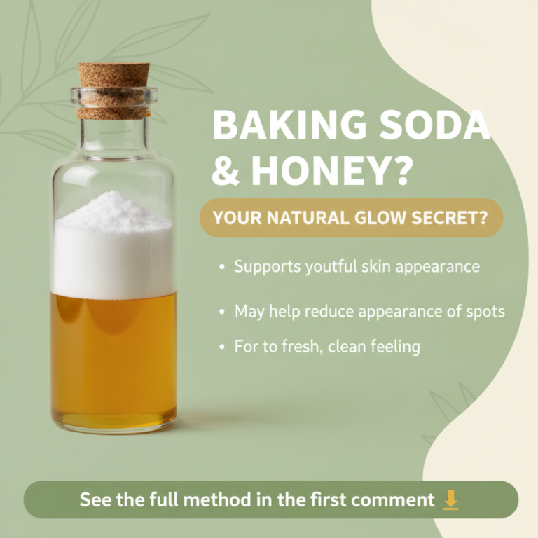 A clear glass bottle with a cork stopper containing golden honey at the bottom and white baking soda on top set against 
