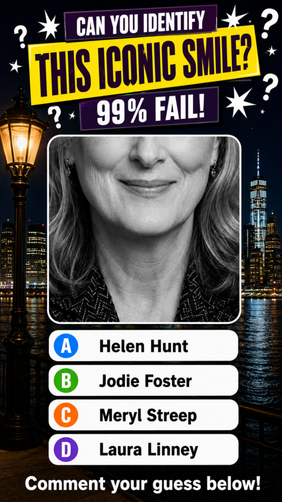 A quiz poster featuring a black and white close-up of a smiling woman s lower face overlaid on a nighttime New York City