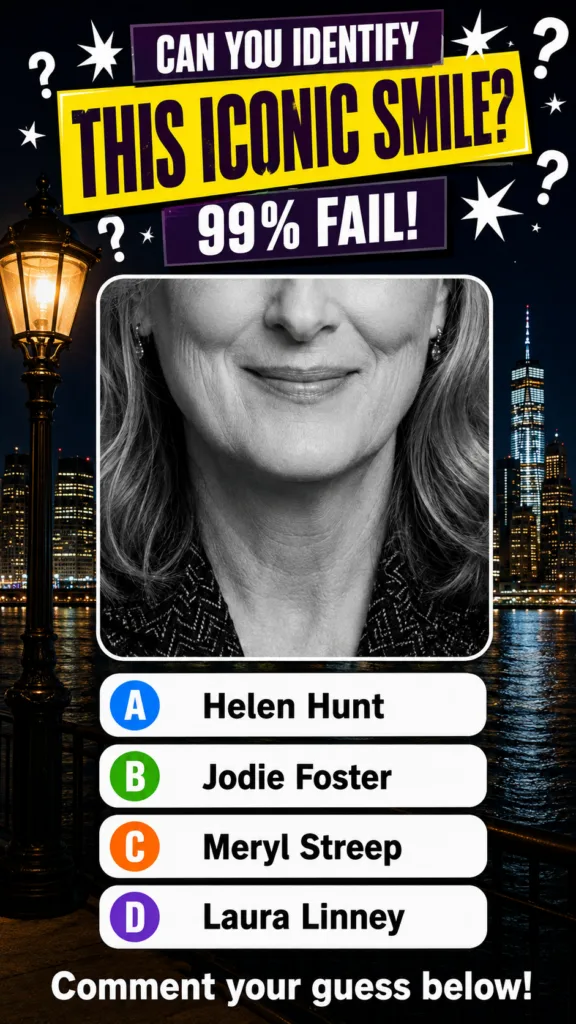 A quiz poster featuring a black and white close-up of a smiling woman s lower face overlaid on a nighttime New York City