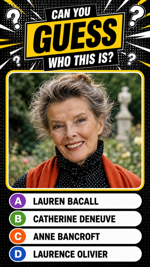 Vibrant comic-book-style quiz graphic with a header CAN YOU GUESS WHO THIS IS and a central portrait of an older woman a