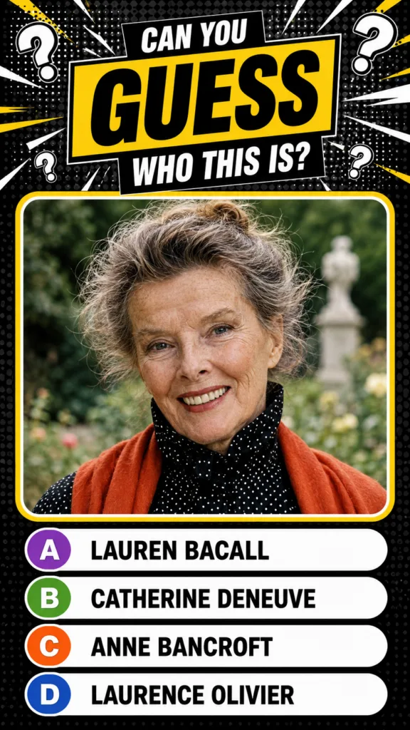Vibrant comic-book-style quiz graphic with a header CAN YOU GUESS WHO THIS IS and a central portrait of an older woman a