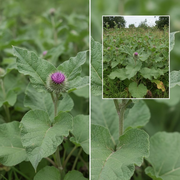 A dual view of a burdock plant with a close-up of its purple flower head and broad green leaves on the left and a wider 