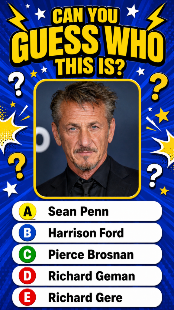 A comic-book-style trivia quiz featuring a headshot of mature male actor Sean Penn He has slightly disheveled hair a lig