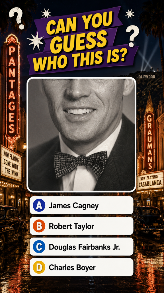 The original quiz image showing a close-up black-and-white portrait of a smiling James Cagney framed by a vibrant nightt