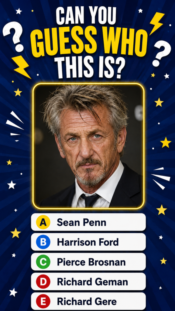 Quiz image featuring a headshot of actor Sean Penn framed by a bright yellow neon-like border with the question CAN YOU 