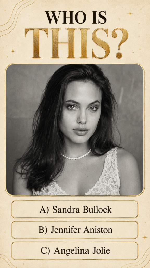 A vintage-style trivia or quiz post centered around a black and white portrait of a young Angelina Jolie The question WH