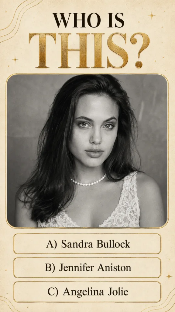 A vintage-style trivia or quiz post centered around a black and white portrait of a young Angelina Jolie The question WH