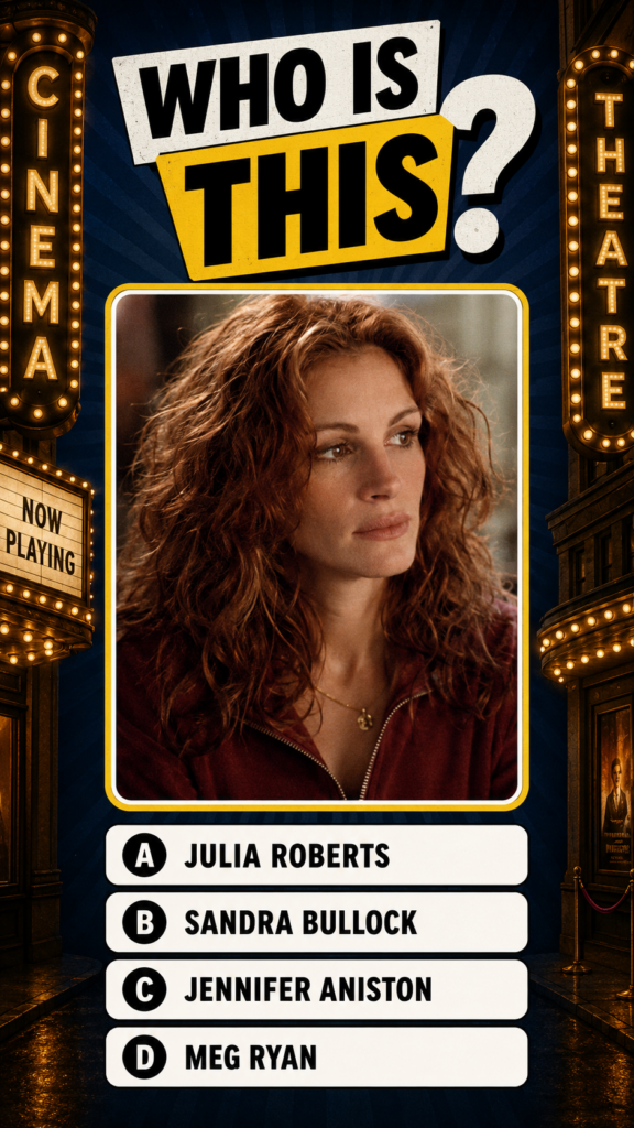 Quiz image featuring a medium close-up portrait of actress Julia Roberts with curly red-brown hair and a pensive express