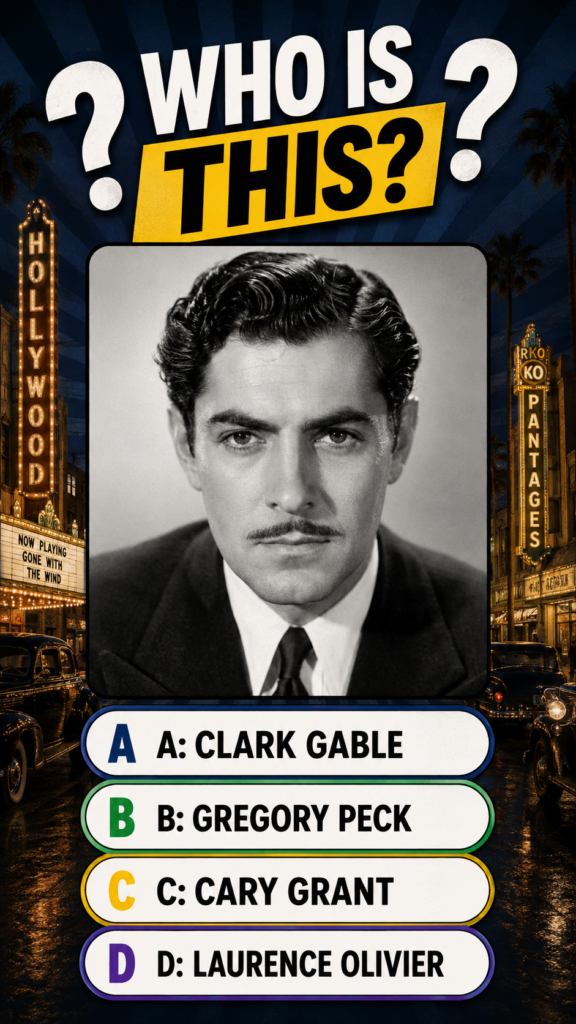 Black and white portrait of Clark Gable with a mustache wearing a suit superimposed over a colorful vintage Hollywood st