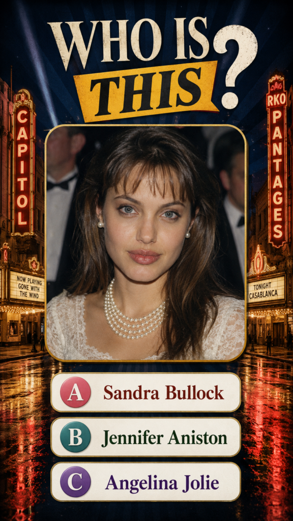 A portrait of a young Angelina Jolie serene expression striking blue eyes and full lips wearing a pearl necklace and ear