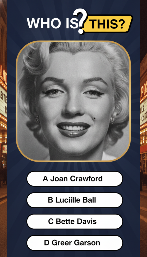 A black and white portrait of a classic Hollywood actress from the Golden Age with a quiz question WHO IS THIS above and