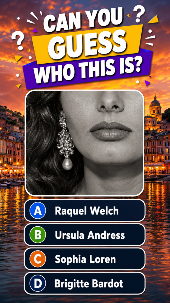 Quiz graphic showing a cropped black and white photo of a woman s lower face with an ornate earring overlaid on a colorf