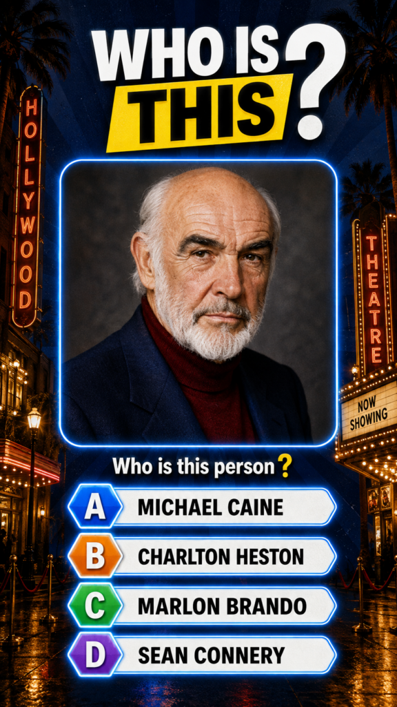A quiz image featuring a portrait of Sean Connery centered within a glowing blue neon frame with the question WHO IS THI