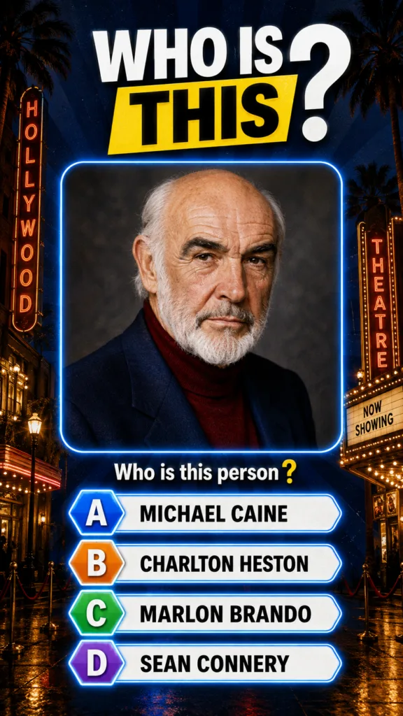 A quiz image featuring a portrait of Sean Connery centered within a glowing blue neon frame with the question WHO IS THI