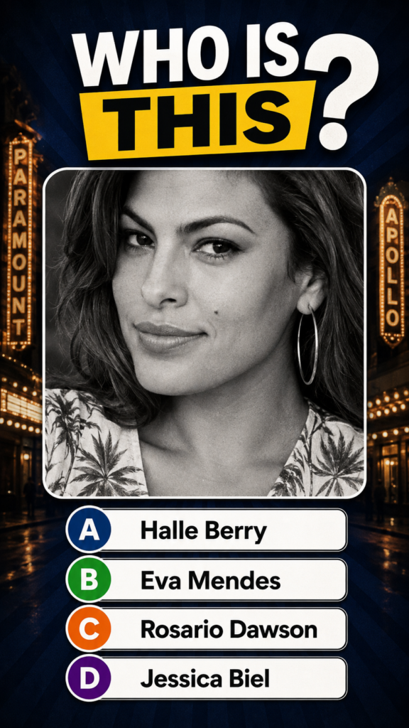 Black and white portrait of Eva Mendes from a quiz with the question WHO IS THIS