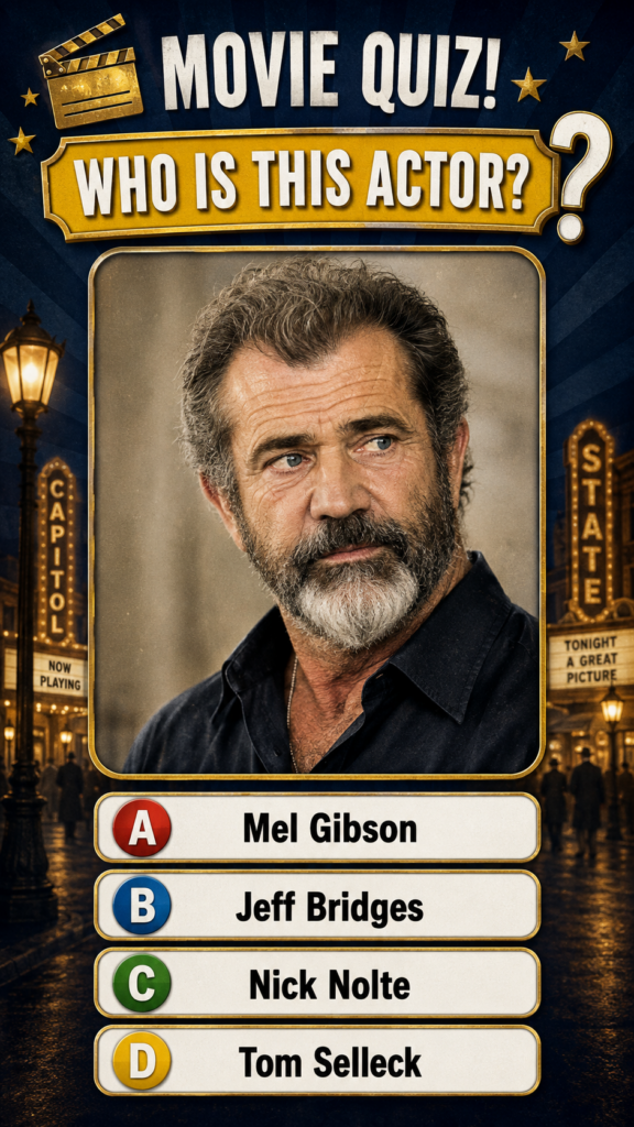 A vertical graphic for a Movie Quiz featuring a portrait of a middle-aged man with grey hair and a full beard set agains
