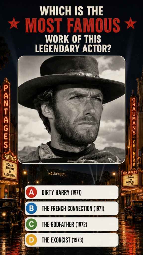 A classic film trivia quiz featuring a black and white portrait of Clint Eastwood in his Man with No Name persona wearin