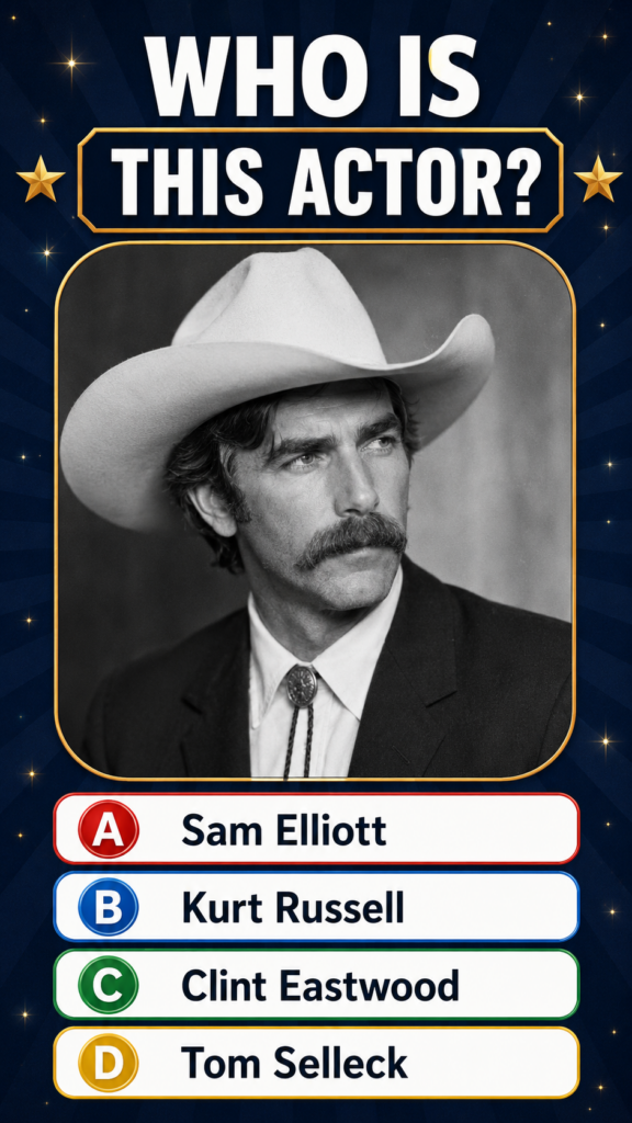 Black and white portrait of actor Sam Elliott in a cowboy hat and suit with a bolo tie his iconic mustache prominent The