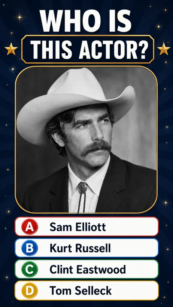 Black and white portrait of actor Sam Elliott in a cowboy hat and suit with a bolo tie his iconic mustache prominent The