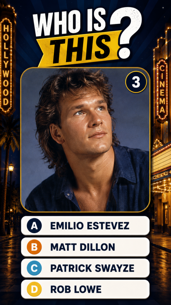 A quiz graphic featuring Patrick Swayze against a Hollywood-themed background