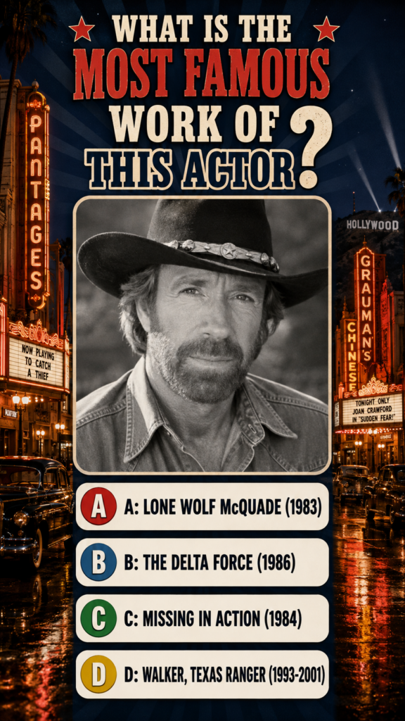 A black and white portrait of Chuck Norris in a cowboy hat and denim shirt set against a vibrant Hollywood street scene 